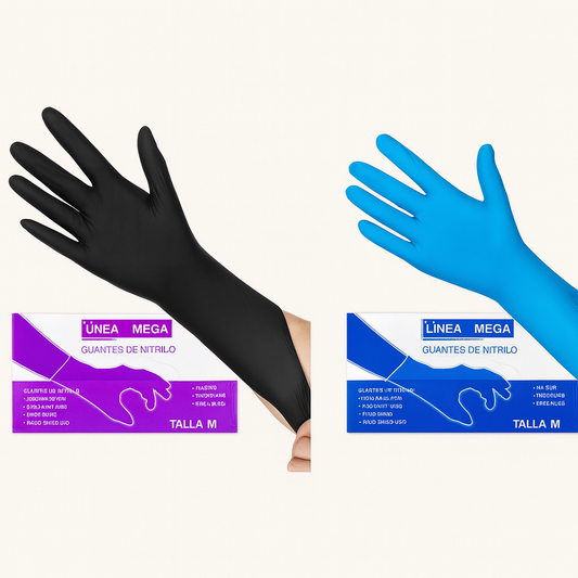 guantes nitrilo marca mega azul y negro
